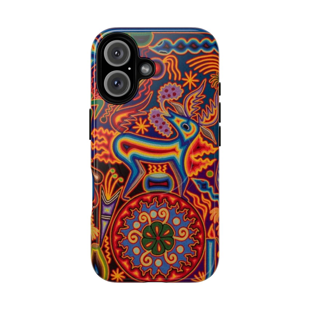 Huichol-inspired vibrant phone case with abstract patterns and colorful designs