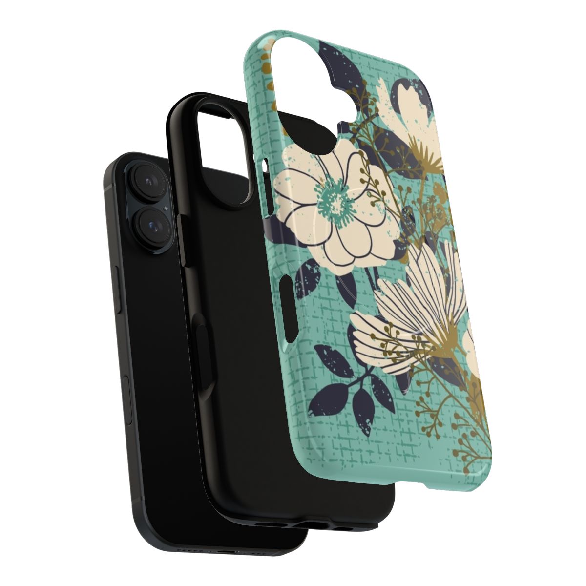 Floral bouquet phone case with vintage, distressed design on a turquoise and cream background - Layers