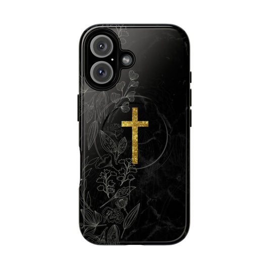 Black marble and gold magnetic tough phone case with a Christian cross symbol design