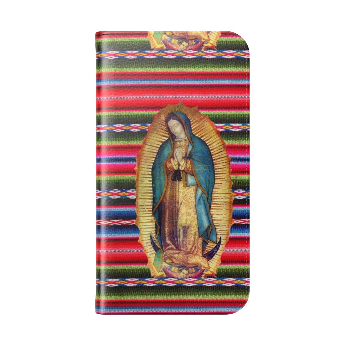 A flip cover phone case featuring an image of the Virgin Mary, also known as Our Lady of Guadalupe, a beloved figure in Catholicism and Mexican culture. - Folded Back