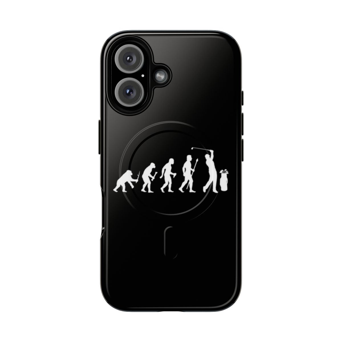 Magnetic phone case featuring a funny design of the evolution of a golfer