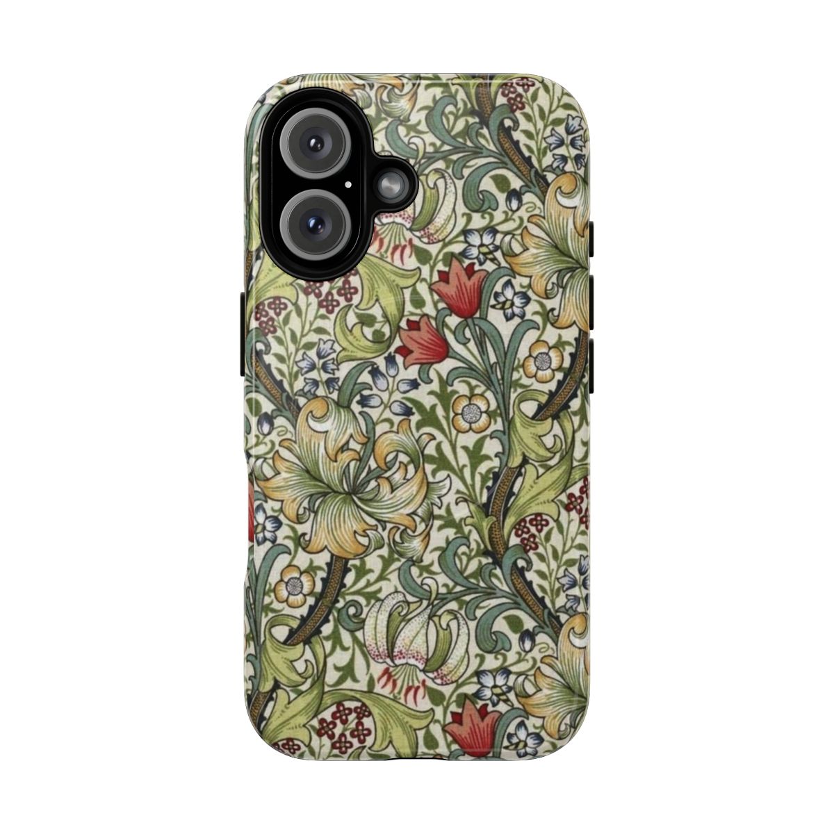 Vintage-inspired floral phone case design with honeysuckle motif, based on the art of William Morris.