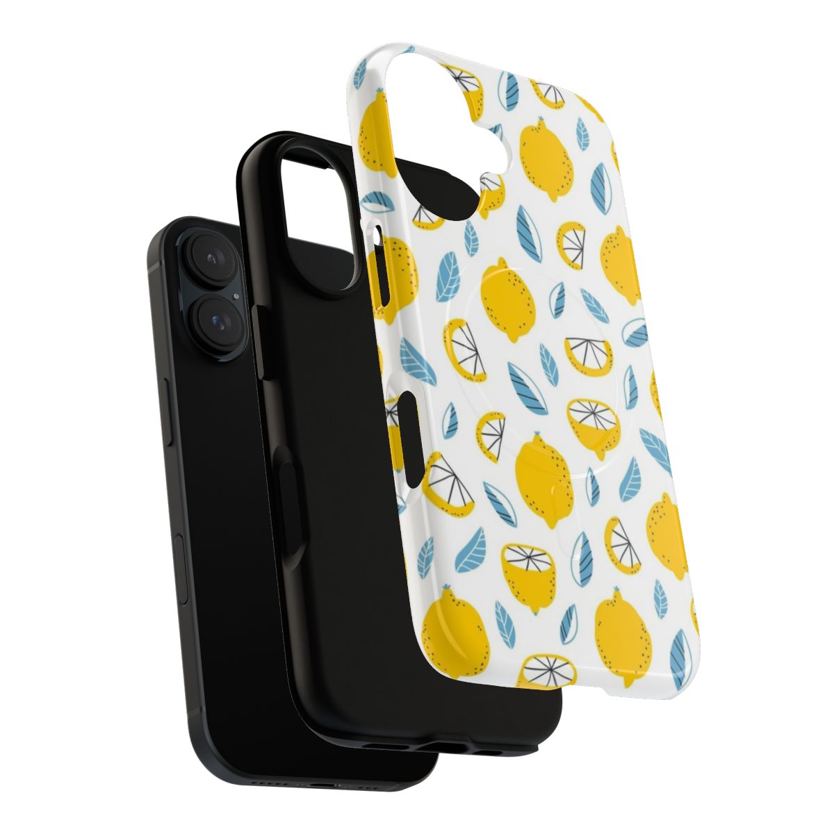 Closeup of a durable phone case with a repeating lemon and citrus print design - Layers