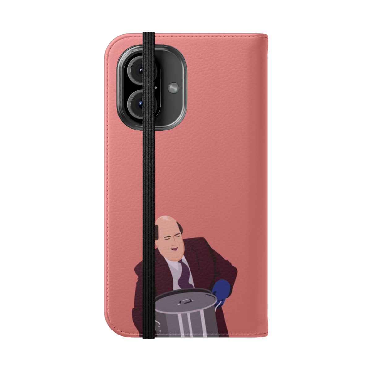 Flip phone case featuring a vibrant vector portrait of Kevin Malone from the popular TV show The Office. - Folded Front