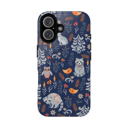 A fairytale forest pattern featuring raccoons, owls, bunnies, and a little chick on a tough magnetic phone case.