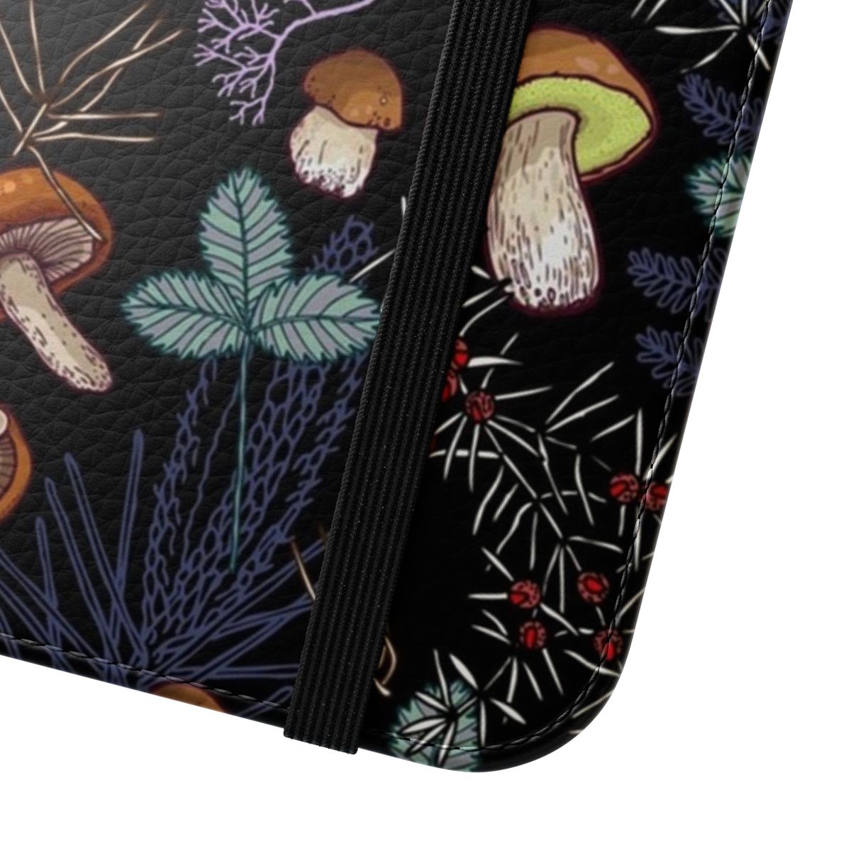 A flip cover phone case featuring a dark, wild forest mushroom pattern design. - Close Up