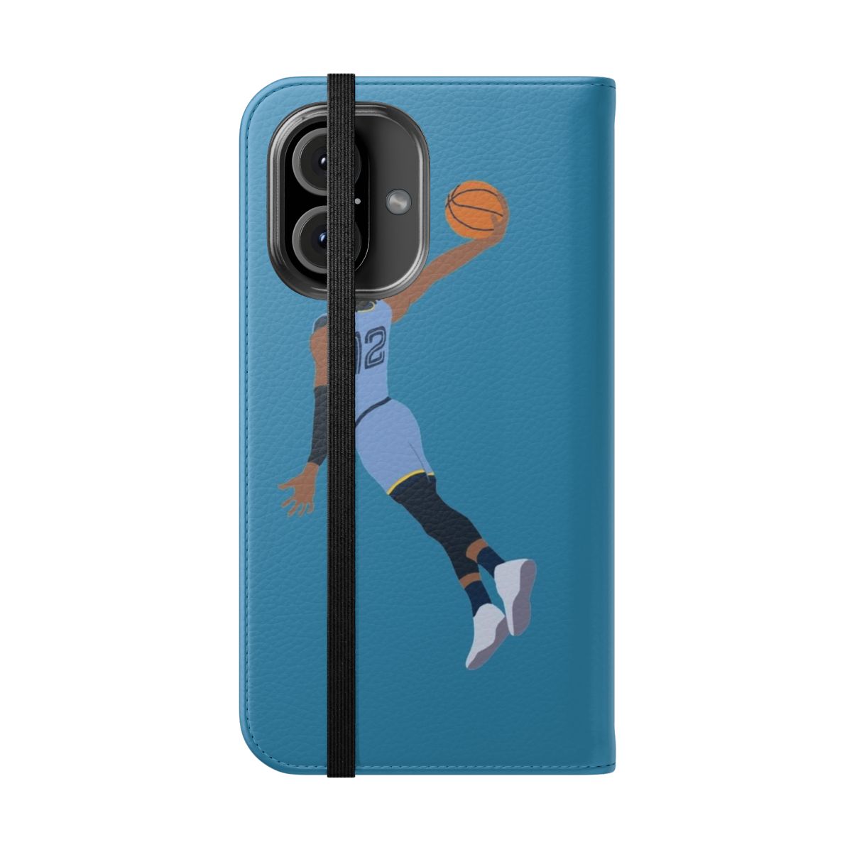 Image of a flip cover phone case with a basketball player dunk design, featuring Ja Morant's name. - Folded Front