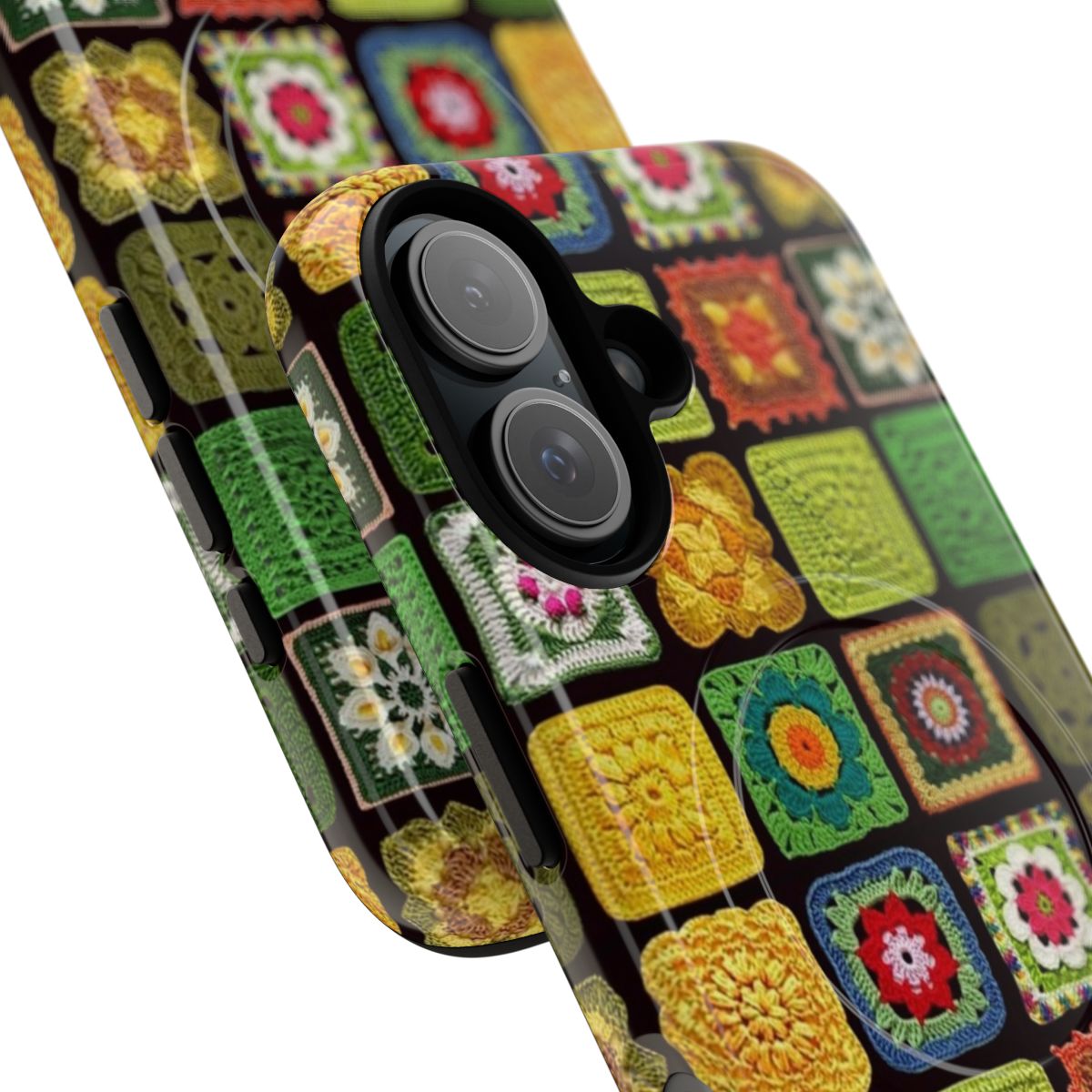 Colorful crochet pattern on a black magnetic phone case - Detail