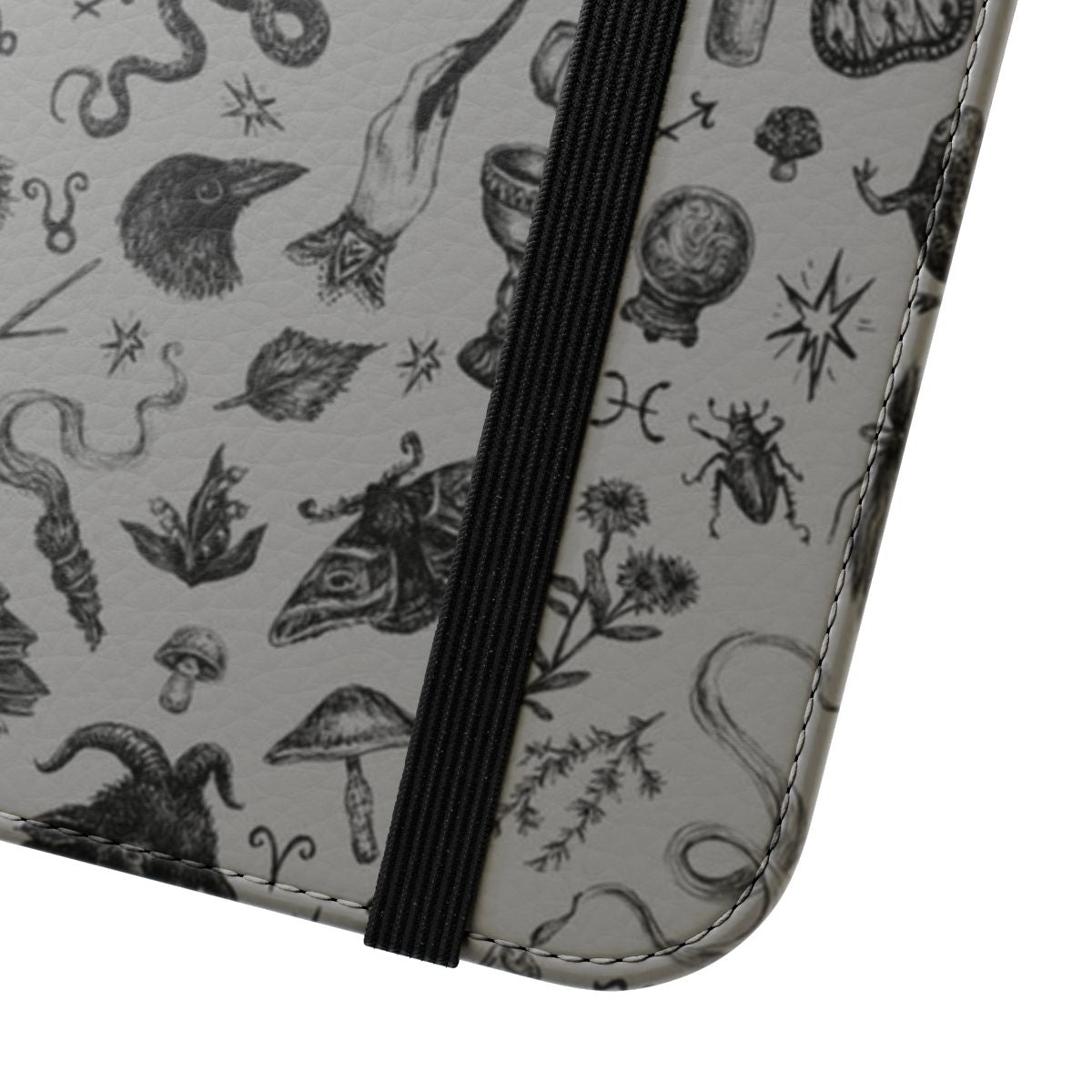 Flip cover phone case featuring a stylized witch, rabbit, snake, and crow in an autumn-inspired design - Close Up