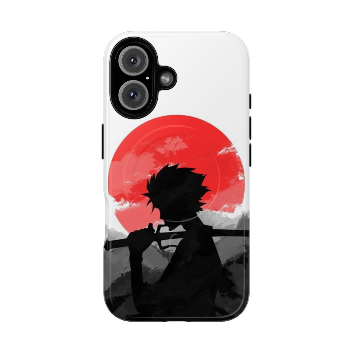 Artistic silhouette of a samurai warrior against a vibrant sunset landscape on a durable magnetic phone case.