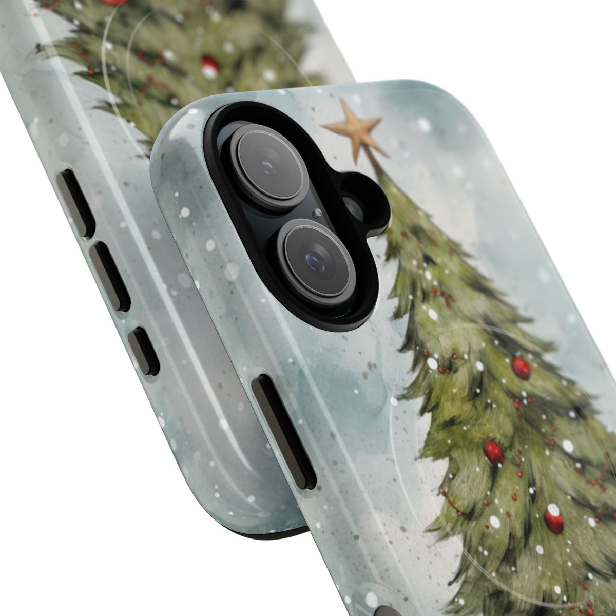 Santa Claus standing by a Christmas tree holding a gift, printed on a durable, magnetic phone case - Detail