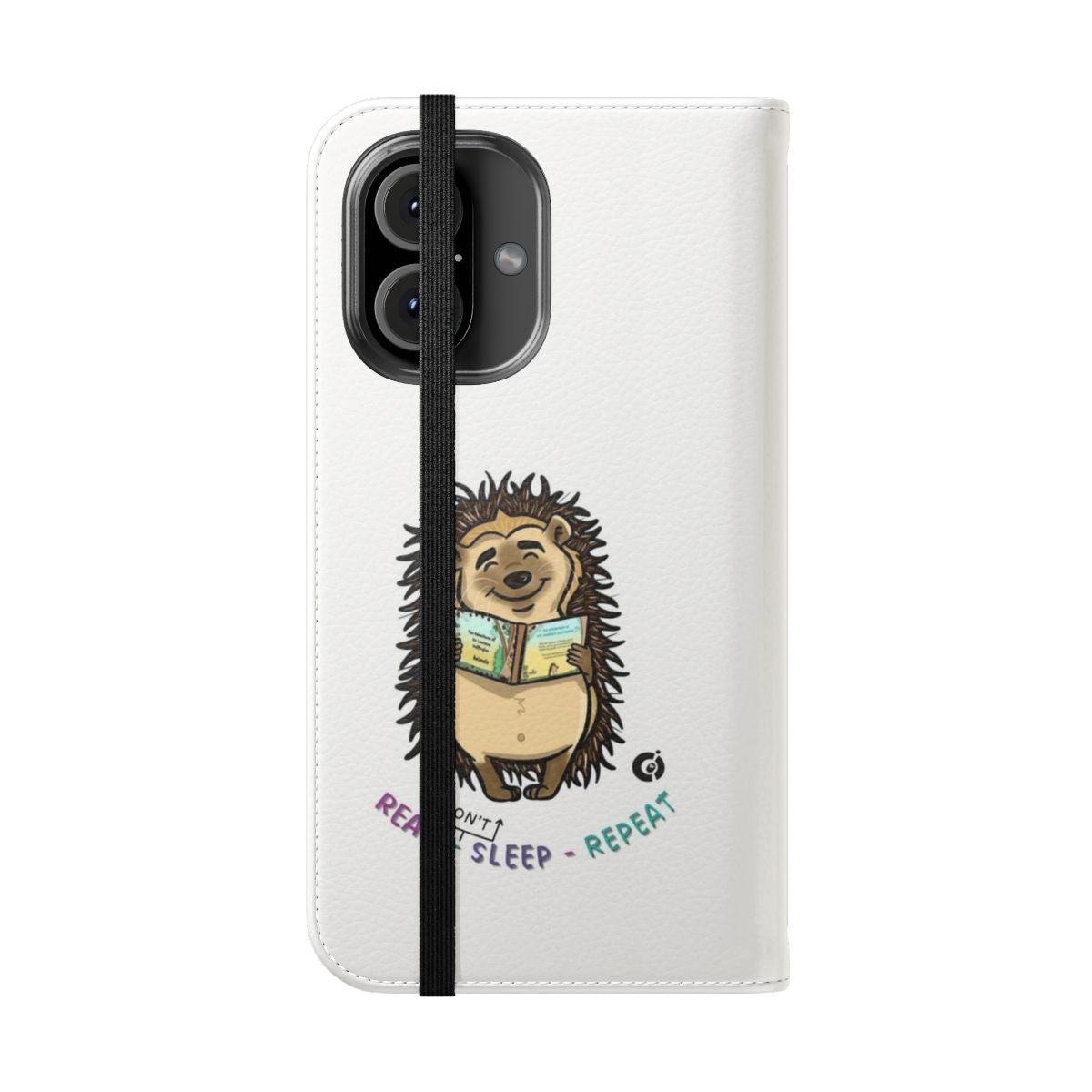 A flip cover phone case featuring a cute hedgehog character in a reading-inspired design. - Folded Front