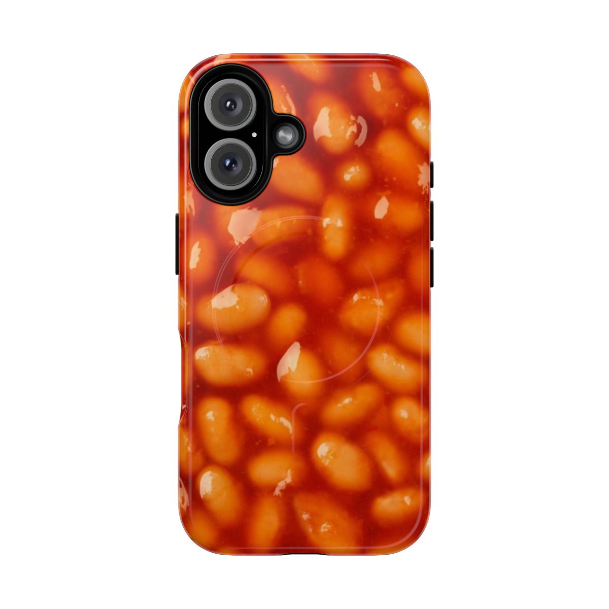 Protective phone case featuring a baked beans-inspired funny meme design