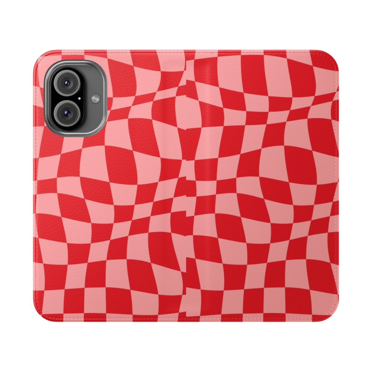 Handmade phone case with a wavy, minimalist checkered pattern in red and pink