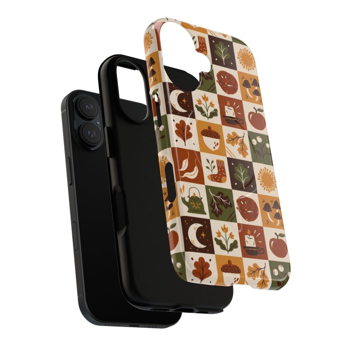 Autumnal phone case featuring a botanical design with mushrooms, a fox, and falling leaves. - Layers