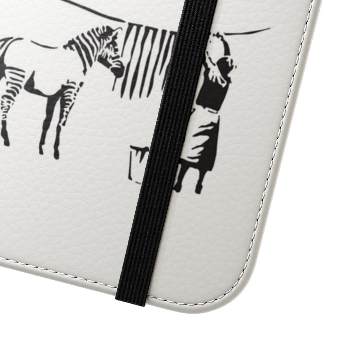 Banksy-inspired zebra graffiti phone case featuring black and white design - Close Up