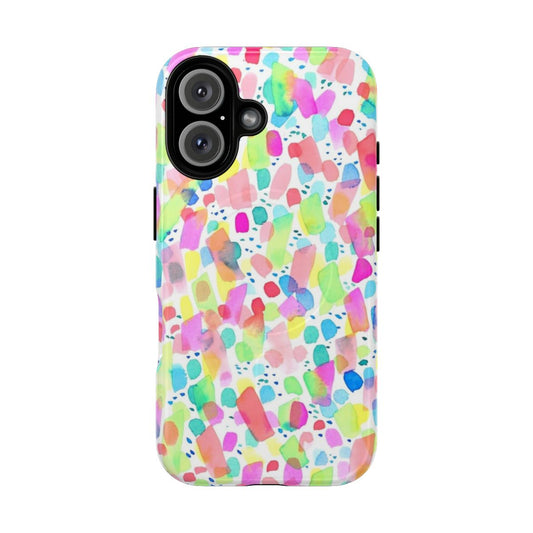 Brightly colored watercolor pattern phone case with dots and dashes