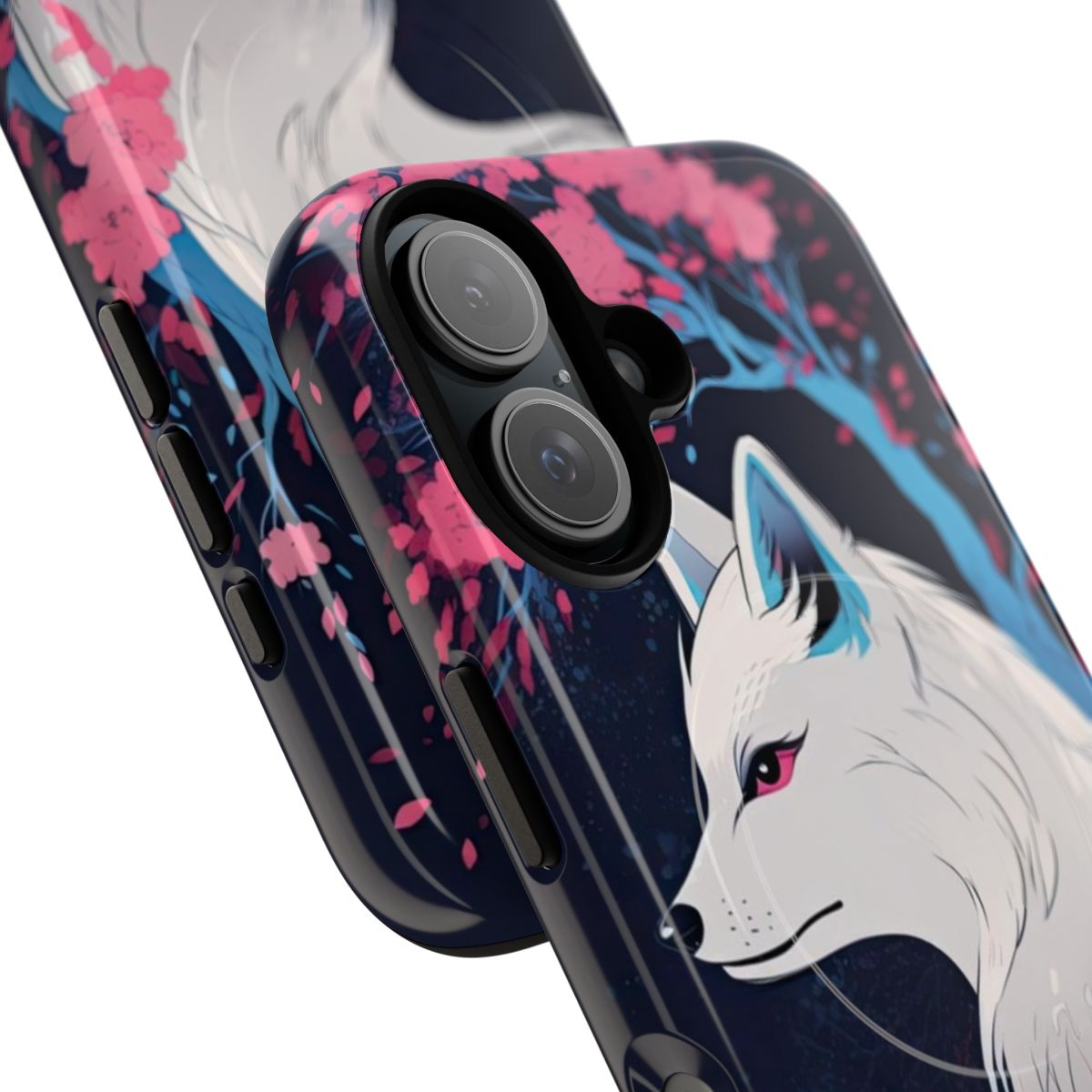 Artistic image of a kitsune, a mythical Japanese fox spirit, on a magnetic phone case. - Detail