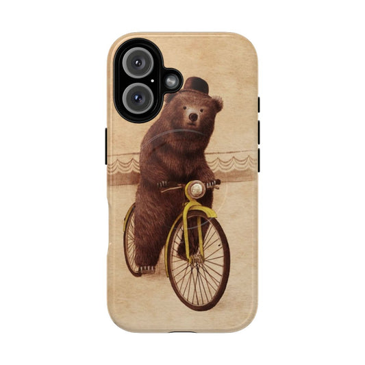 A vintage-style illustration of a bear riding a bicycle and wearing a bowler hat.