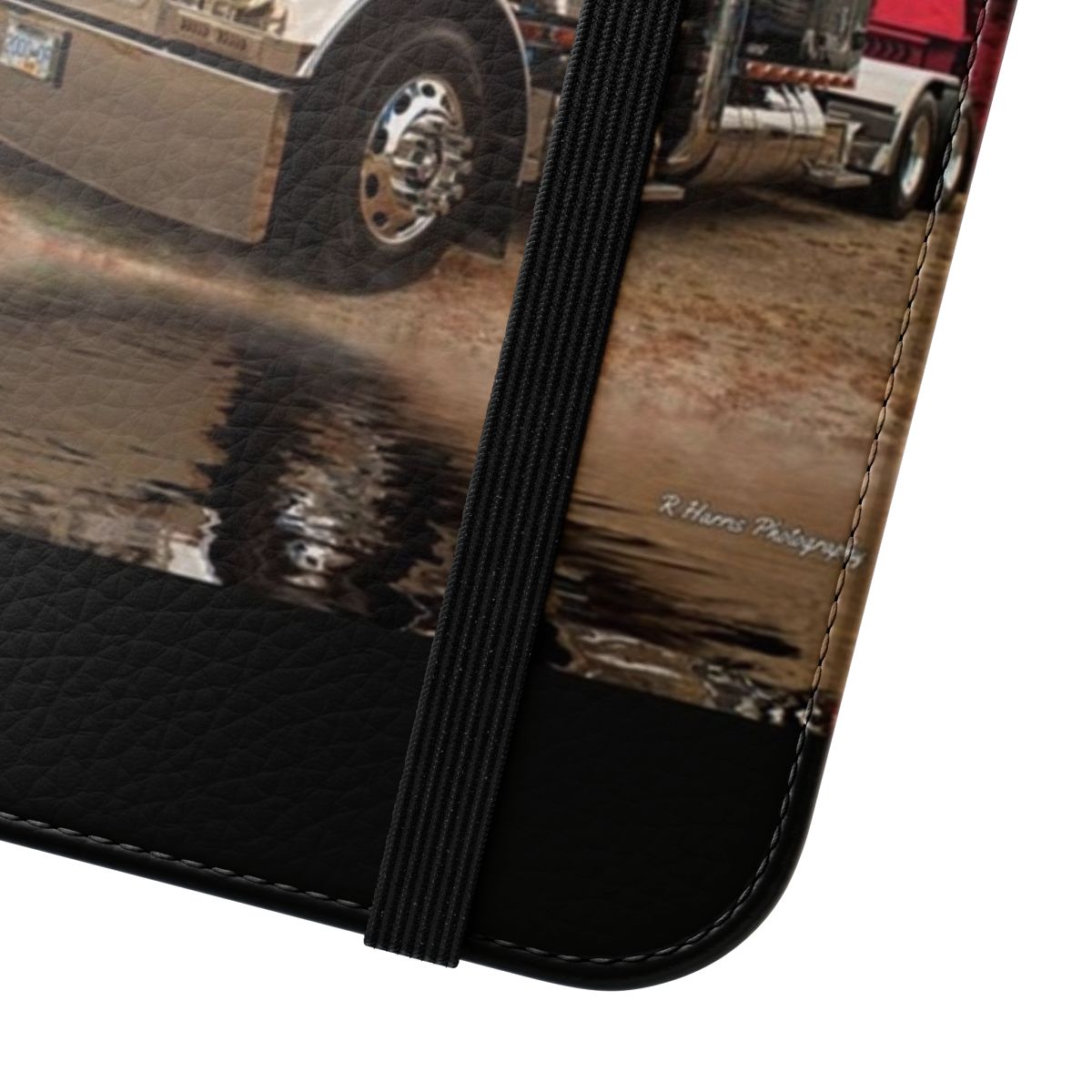 Peterbilt truck flip cover phone case with red truck background - Close Up