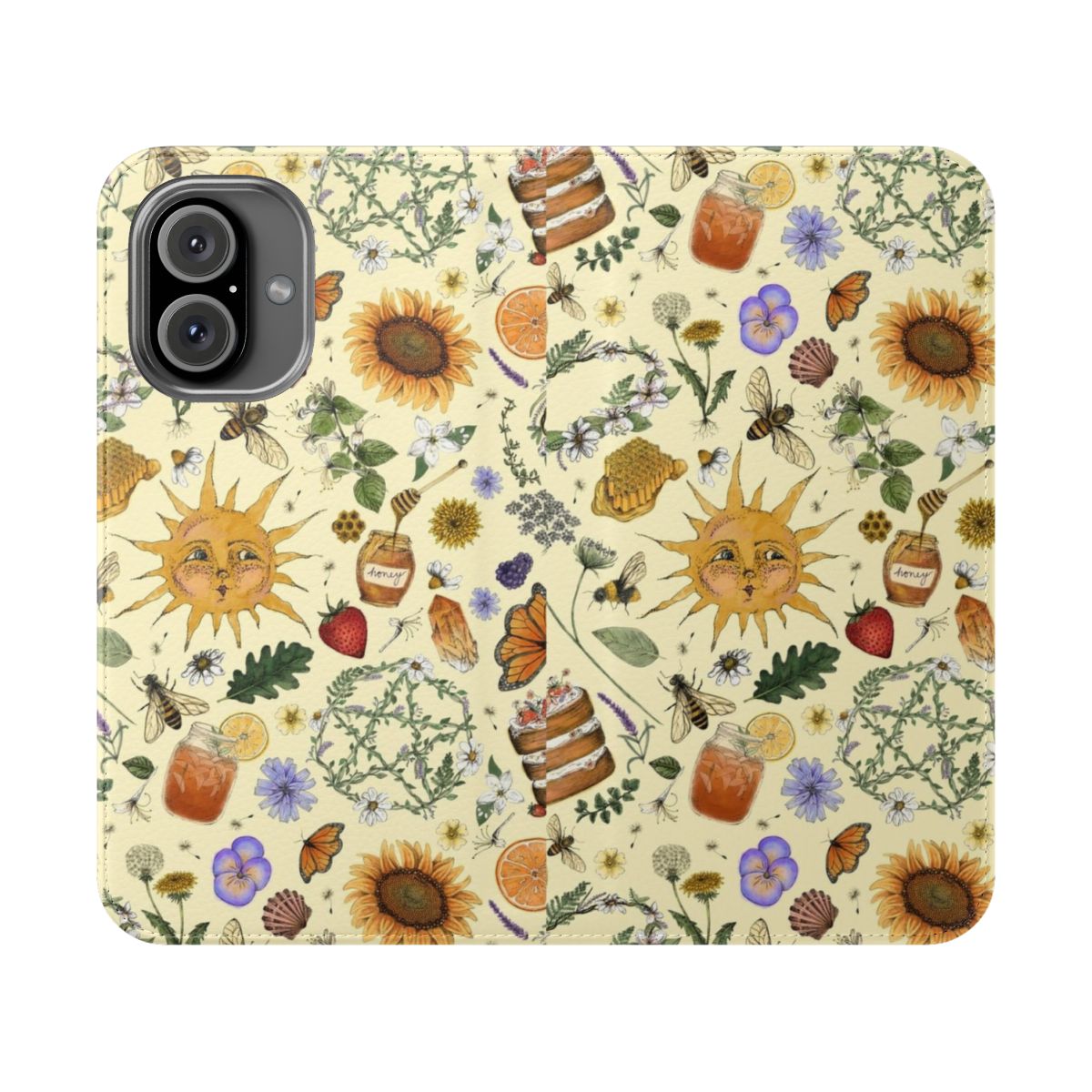 A vibrant yellow flip phone case featuring a Litha-inspired pattern with sunflowers, butterflies, and a pentacle design.