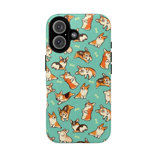 Magnetic tough phone case with a cute corgi dog pattern in green