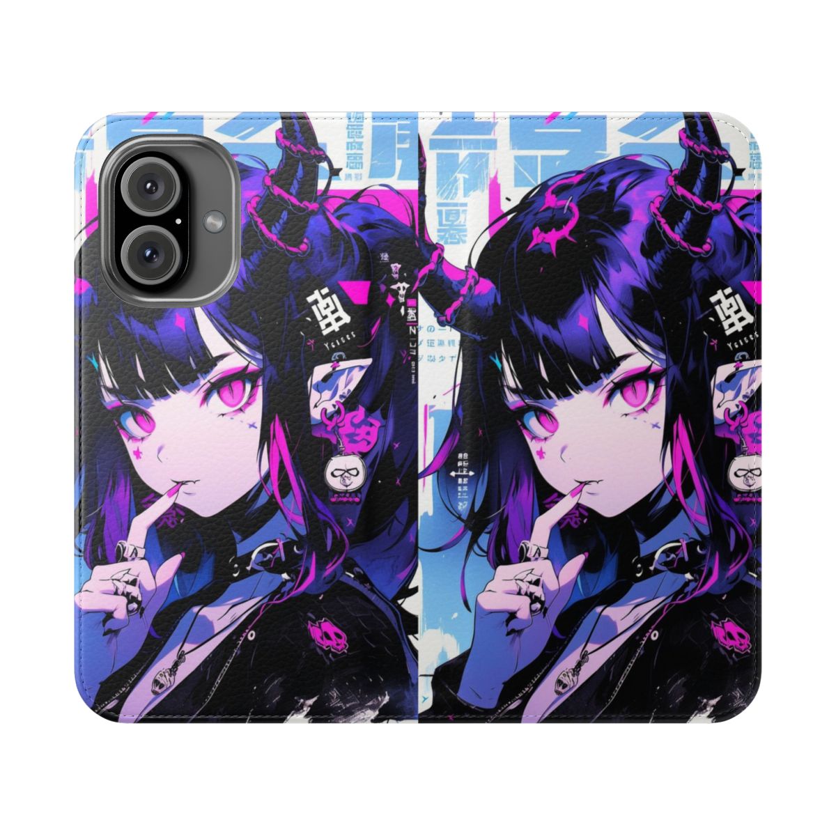 Stylish flip phone case featuring a cute anime-style demon girl character