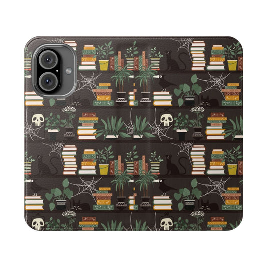 Dark academia-style flip phone case with gothic, witchy, and spooky elements like a black cat, skull, plants, and more.