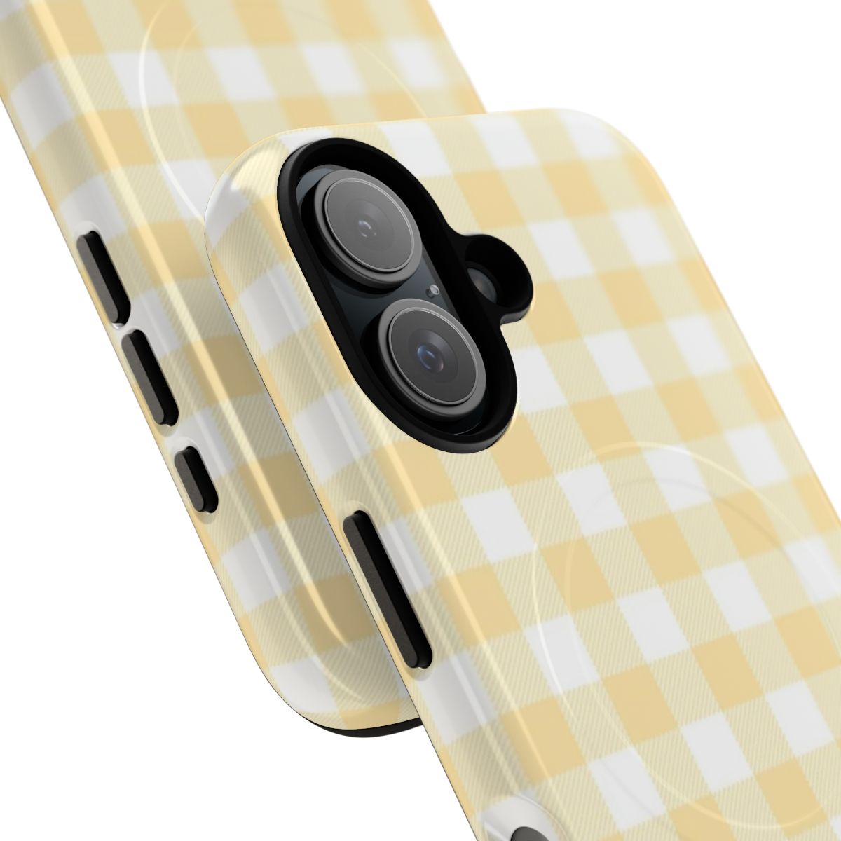 A yellow gingham pattern phone case with a magnetic closure for enhanced protection. - Detail