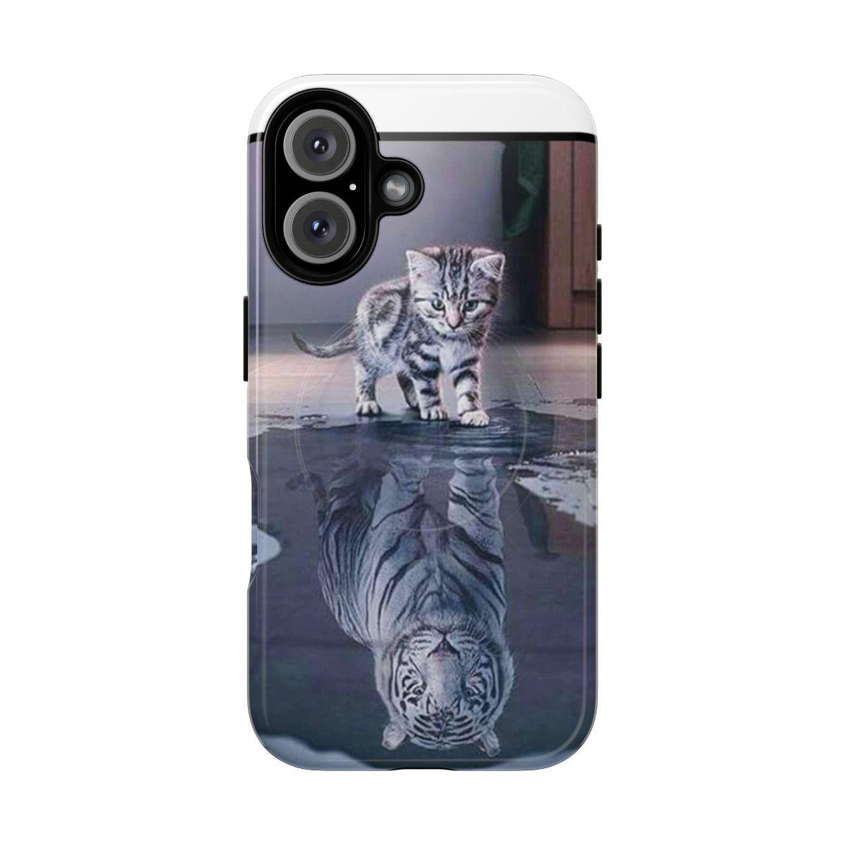 A magnetic tough phone case with a cute cat design, the cat appears to be dreaming of becoming a tiger.