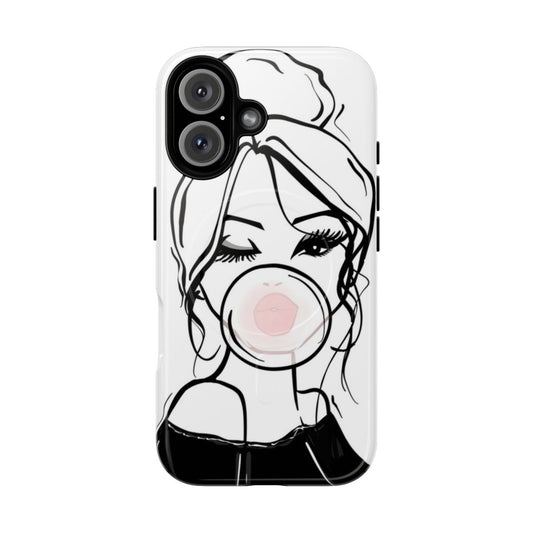 Bubble gum-themed phone case with a fashion illustration of a girl winking