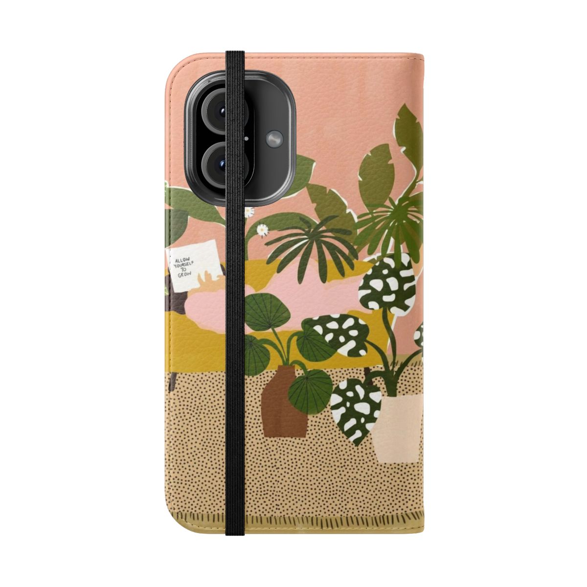 Flip cover phone case with abstract, botanical design for plant and book lovers - Folded Front