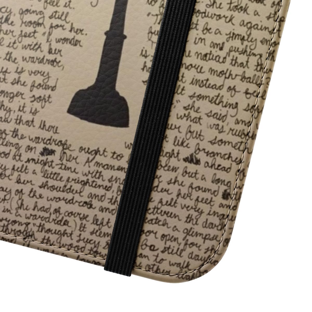 Flip cover phone case with a sketch of a lamp post, inspired by The Chronicles of Narnia by C.S. Lewis. - Close Up