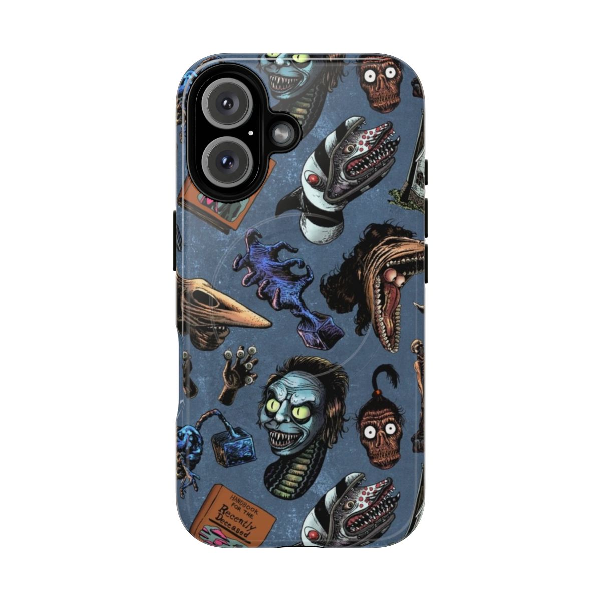 Blue phone case with a spooky "Handbook for the Recently Deceased" design, inspired by the classic 80s/90s film Beetlejuice.