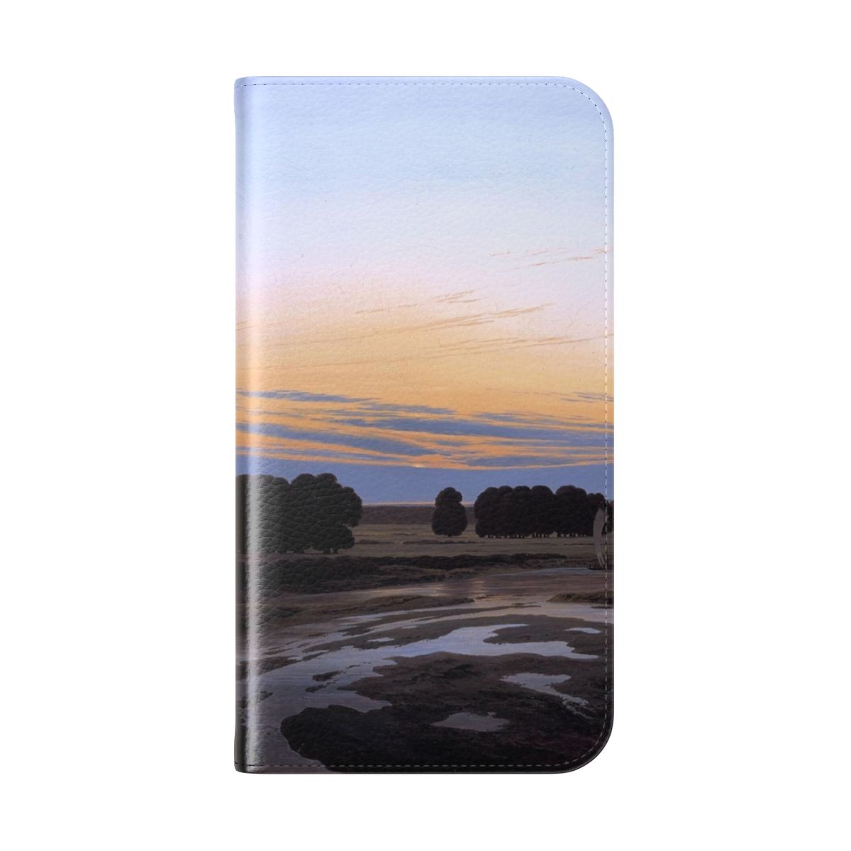 Flip cover phone case featuring a romantic landscape painting by German artist Caspar David Friedrich. - Folded Back