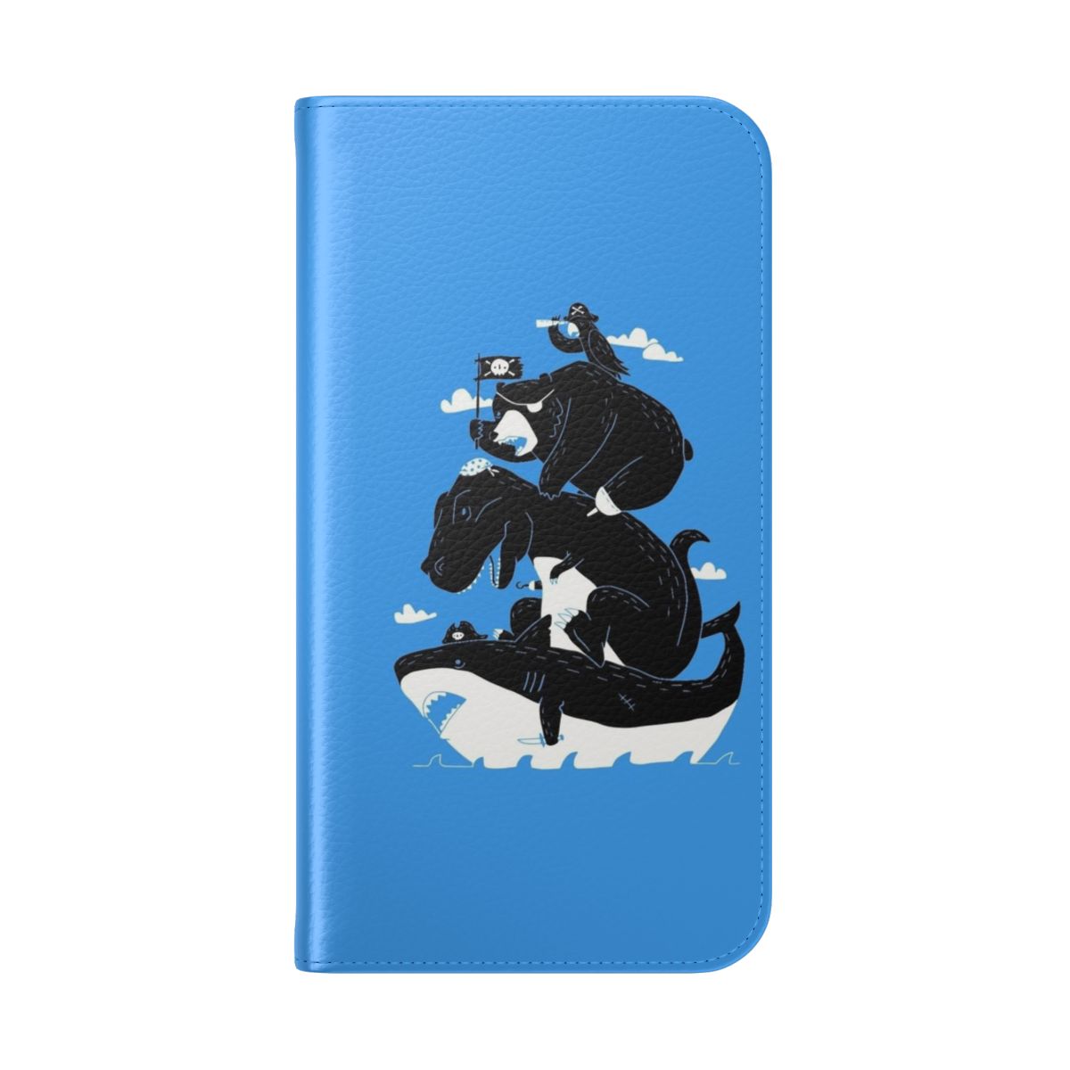 Flip cover phone case featuring pirate and dinosaur designs - Folded Back