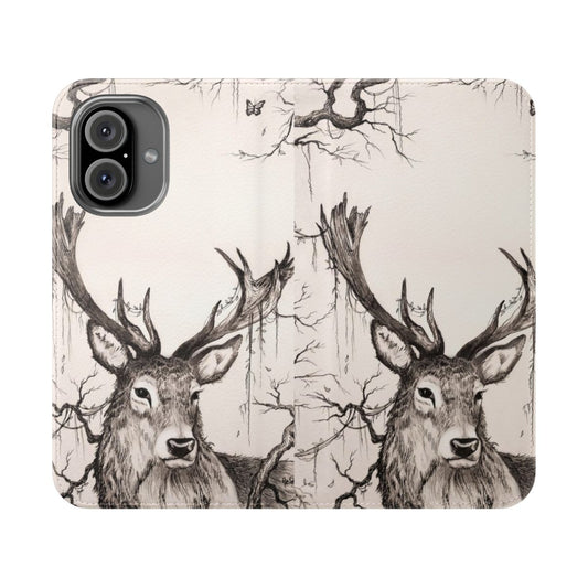 Flip cover phone case featuring a detailed illustration of a stag in a lush, sleeping forest with butterflies and flora.