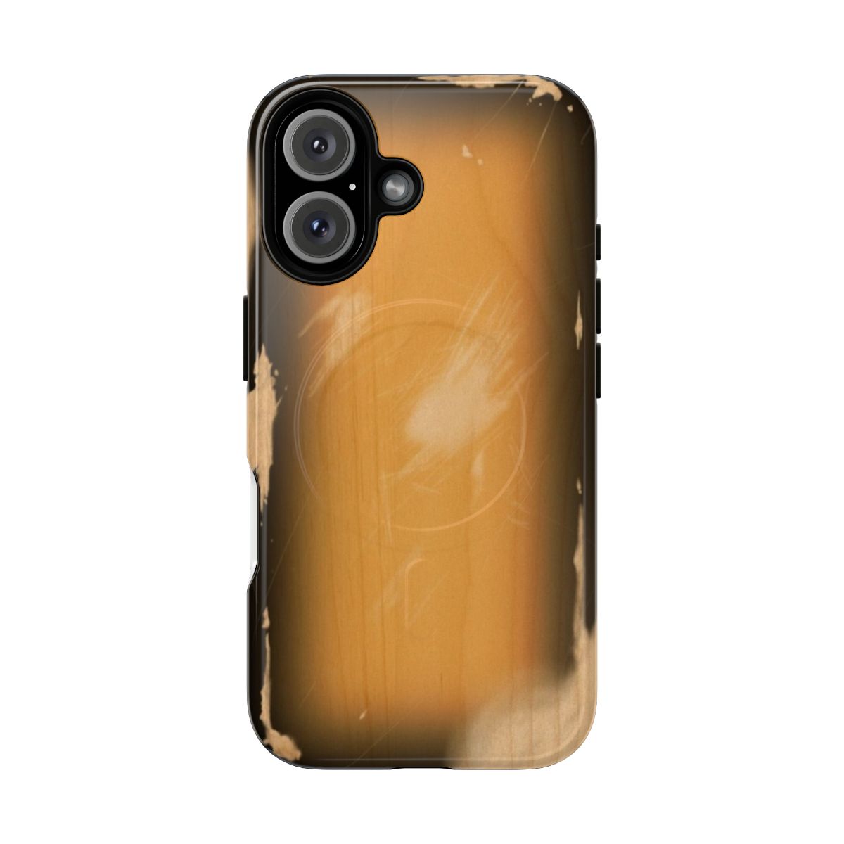 Alder wood magnetic tough phone case with distressed sunburst graphic