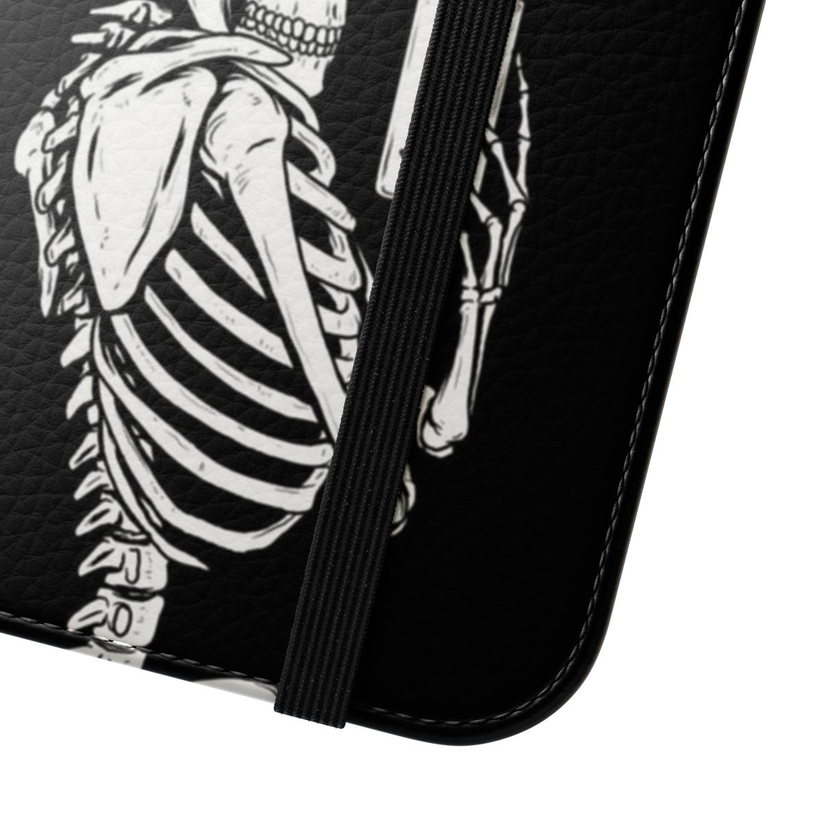 Skeleton-themed flip phone case with skull and bone design - Close Up