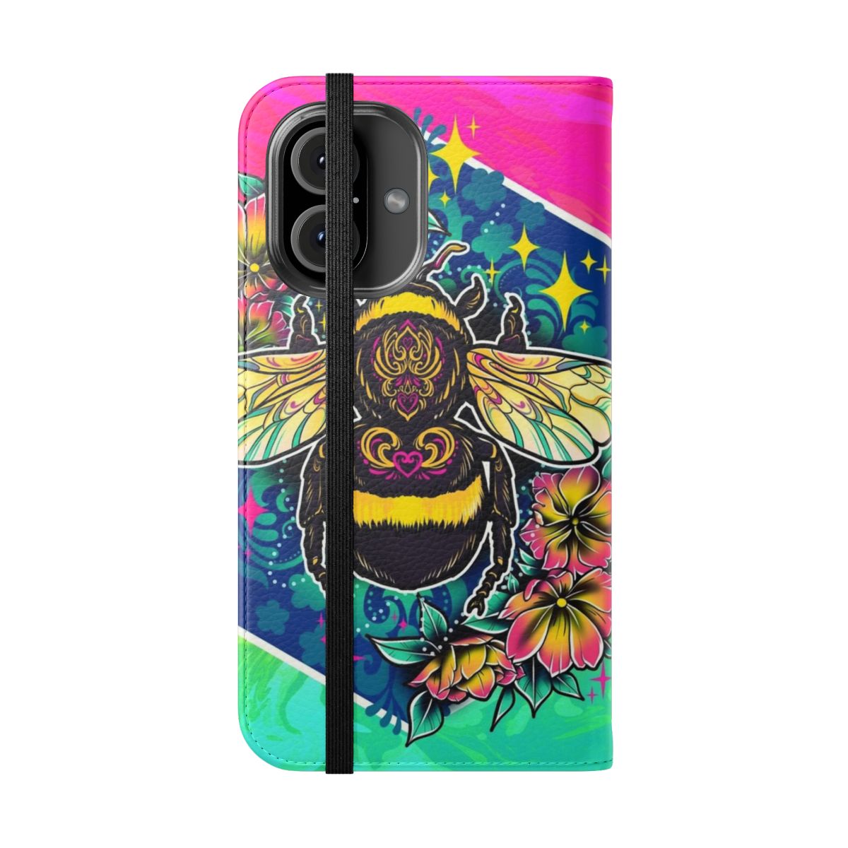 Colorful phone case cover featuring a digital illustration of a cute bumblebee in neon rainbow colors - Folded Front