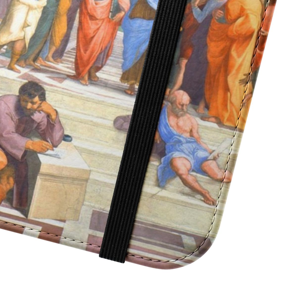 Flip cover phone case featuring the iconic "School of Athens" fresco by Raphael, depicting the famous Greek philosophers Plato and Aristotle. - Close Up