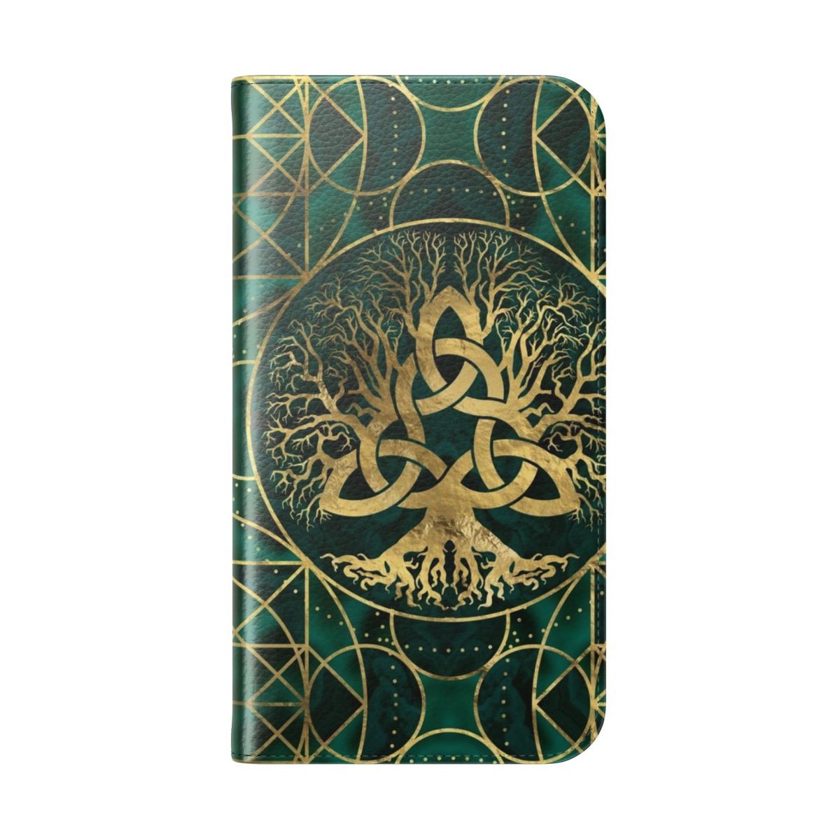 Malachite and gold-toned flip cover phone case with a tree of life and triquetra design - Folded Back