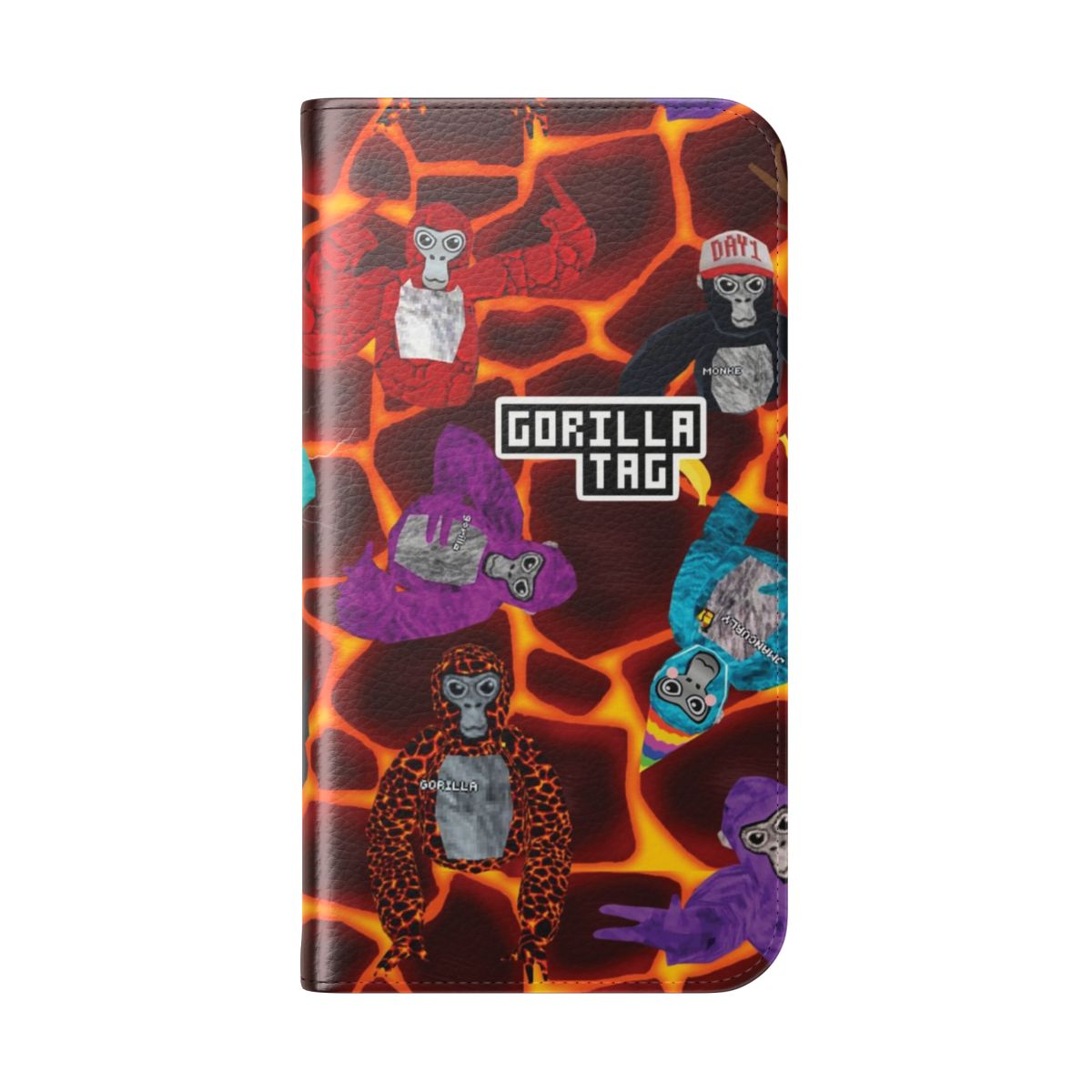 Gorilla-themed flip cover phone case with a lava monke party design - Folded Back