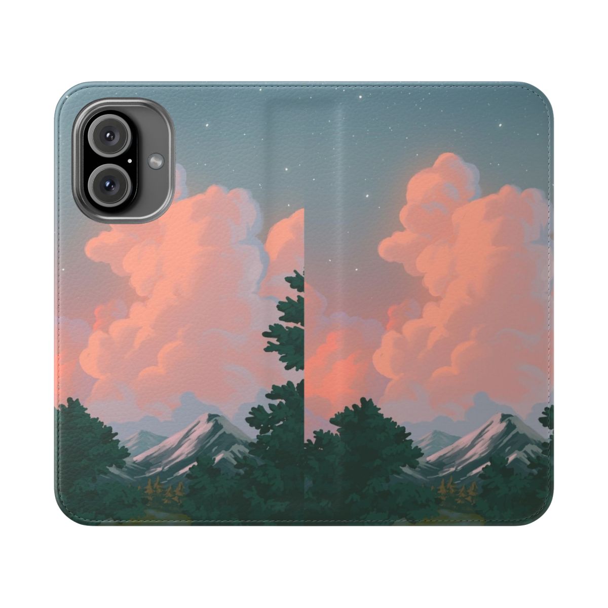 A phone case featuring a serene landscape with mountains, trees, and a sunset sky.