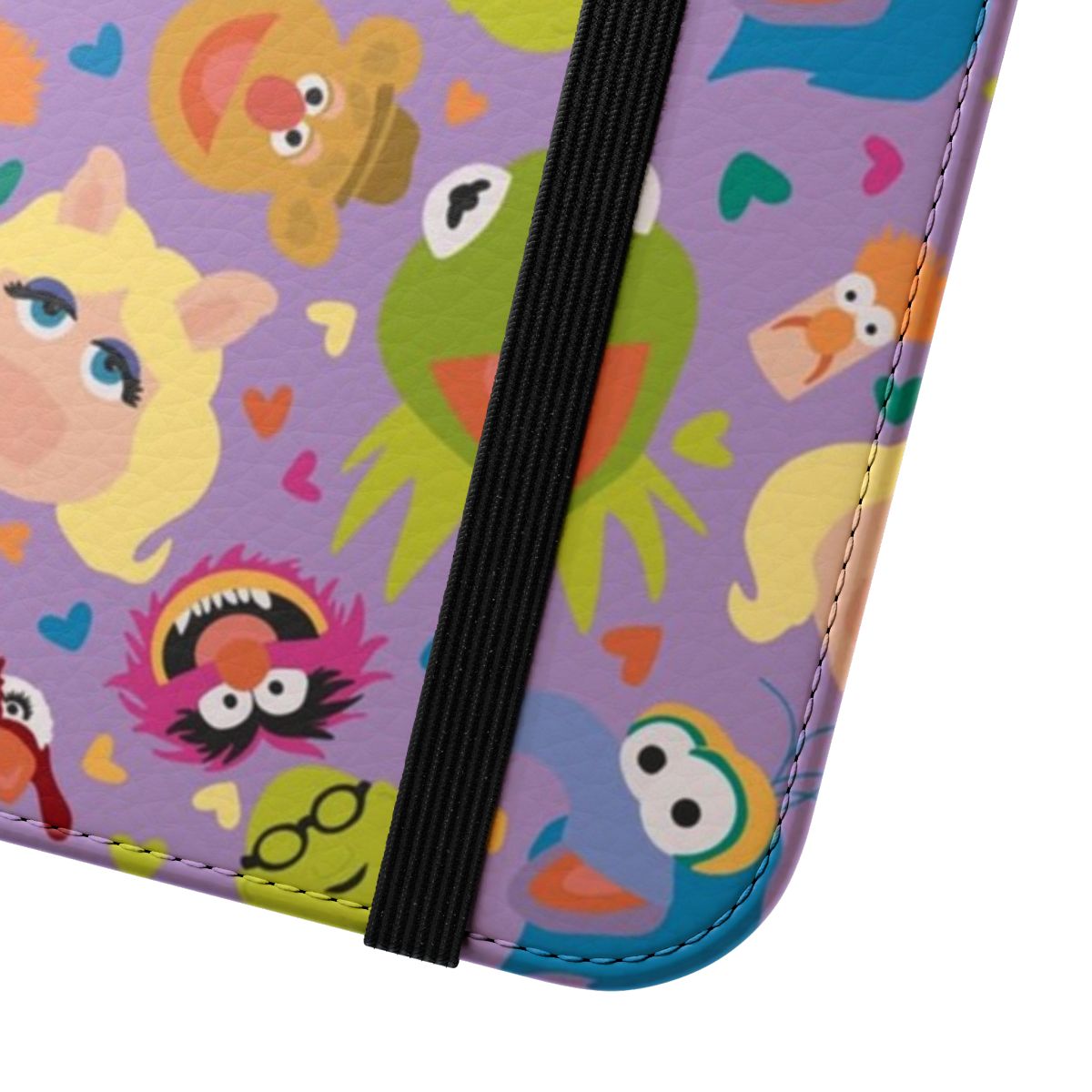 Flip phone case with a repeating pattern of colorful Muppet characters like Kermit, Miss Piggy, and Gonzo. - Close Up