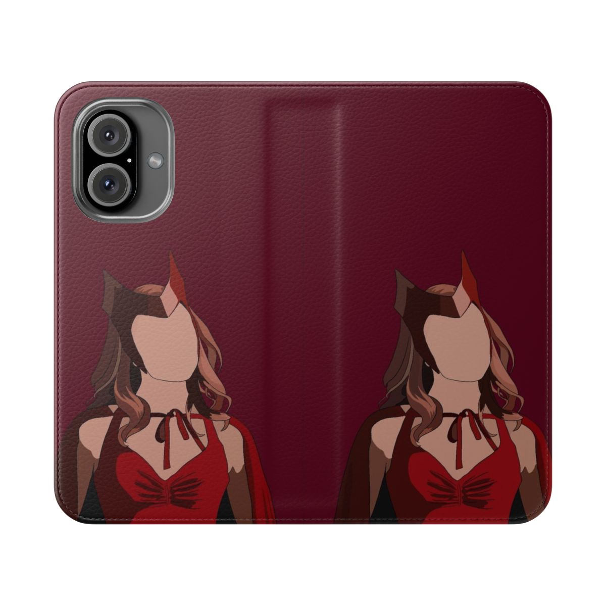 A stylish flip cover phone case featuring a design inspired by the Marvel series WandaVision.