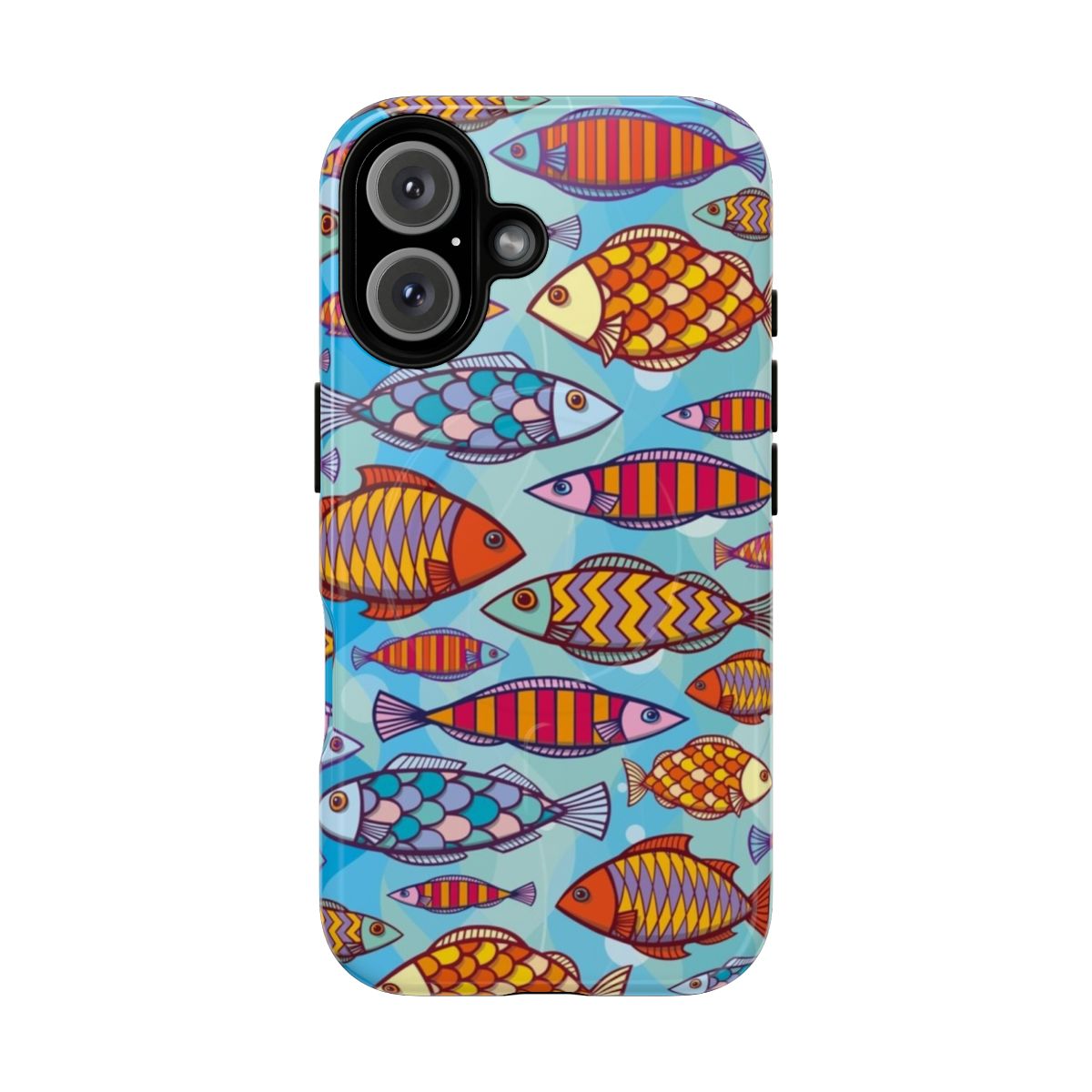 Colorful fish-themed phone case with underwater waves and marine life design