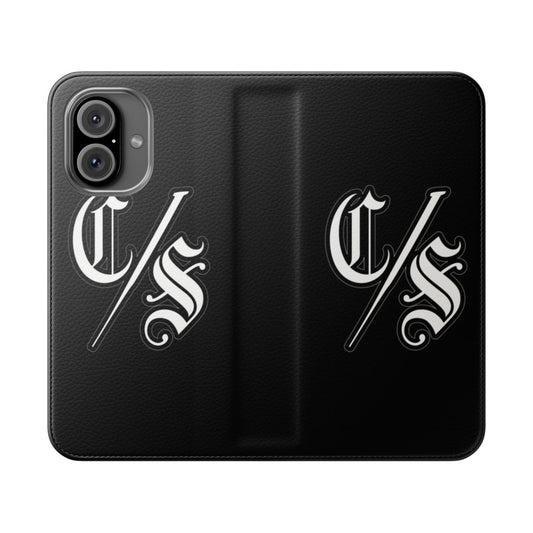 Chicano-inspired black and grey tattoo design on a flip cover phone case