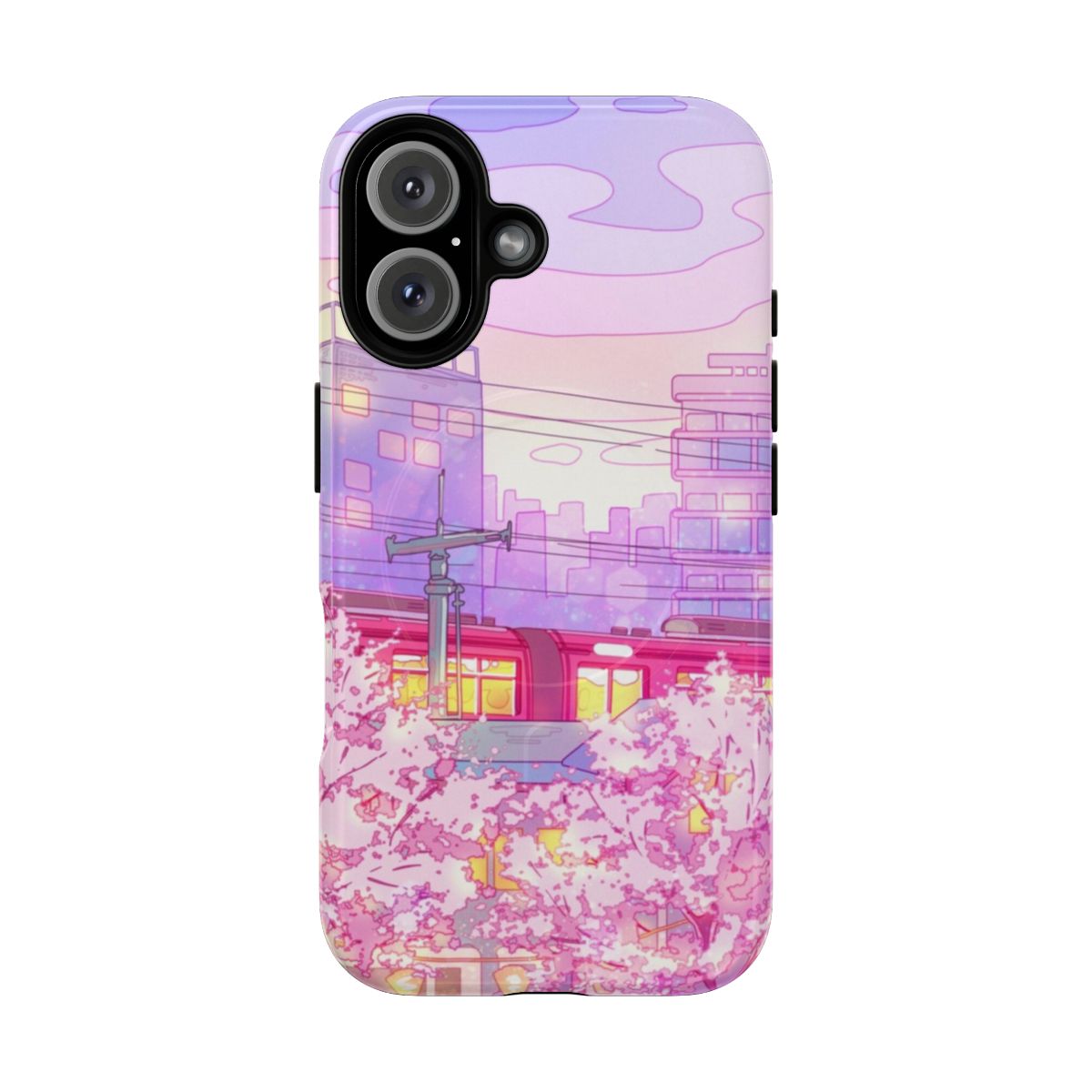 Vibrant phone case featuring a Tokyo cityscape and purple sunset