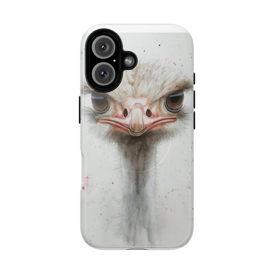 A detailed and whimsical ostrich portrait phone case with magnetic closure and tough protection.